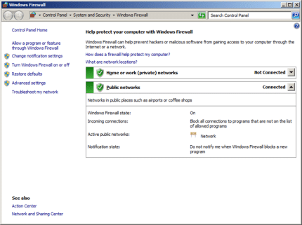 In the navigation pane (left pane) of Control Panel, click Turn Windows Firewall on or off.