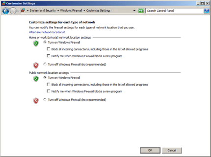 Click Turn on Windows Firewall for each network location, and then click OK.