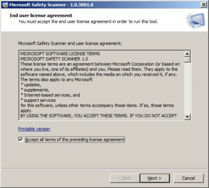 Check the Accept all terms of the preceding license agreement box, and then click Next two times.