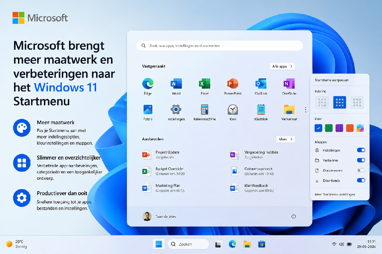 Microsoft brengt meer maatwerk en verbeteringen naar het Windows 11 Startmenu